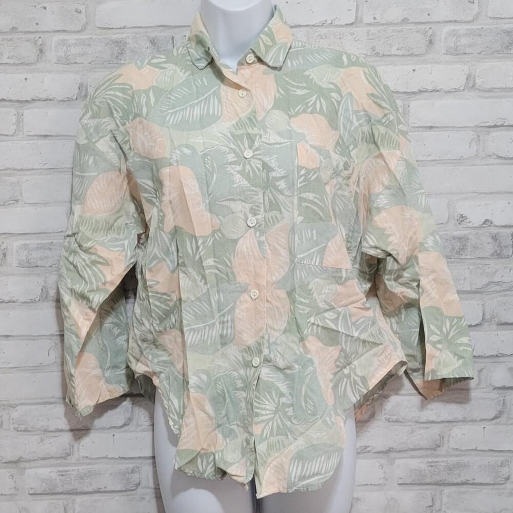 Cindy Collins Vintage 80s Button Blouse Pastel Monstera Palm Leaf Breast Pocket
